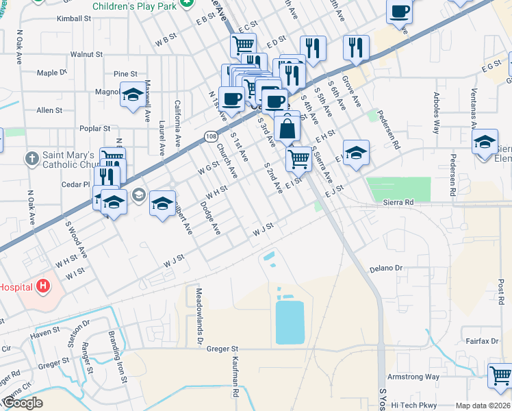 map of restaurants, bars, coffee shops, grocery stores, and more near 447 Church Avenue in Oakdale