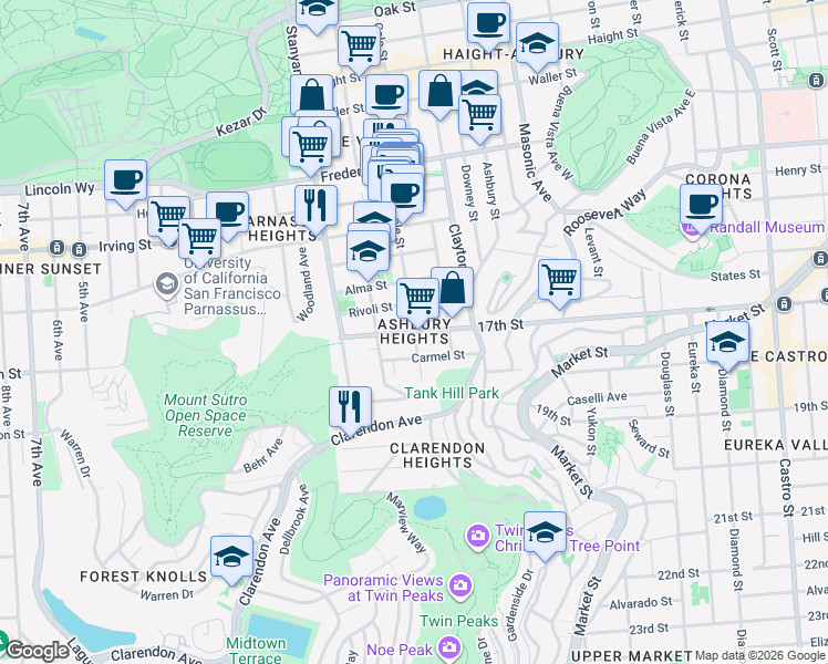 map of restaurants, bars, coffee shops, grocery stores, and more near 17th St & Cole St in San Francisco