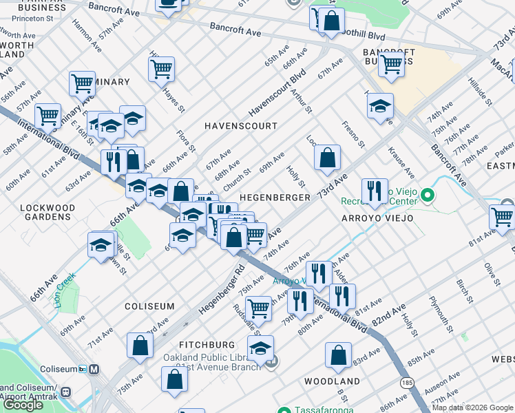 map of restaurants, bars, coffee shops, grocery stores, and more near 1605 72nd Avenue in Oakland