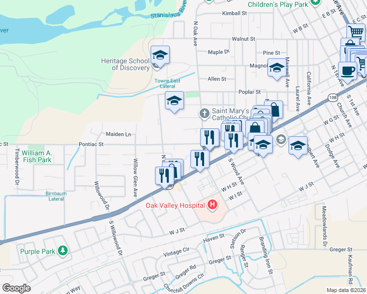 map of restaurants, bars, coffee shops, grocery stores, and more near 1421 Pontiac Street in Oakdale