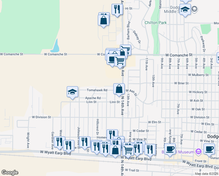 map of restaurants, bars, coffee shops, grocery stores, and more near 1310 Greenwood Avenue in Dodge City