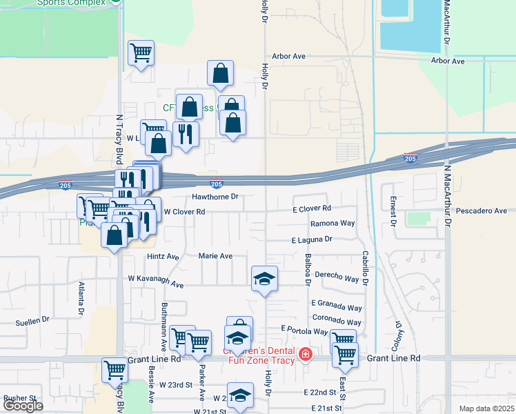 map of restaurants, bars, coffee shops, grocery stores, and more near 3355 Holly Drive in Tracy