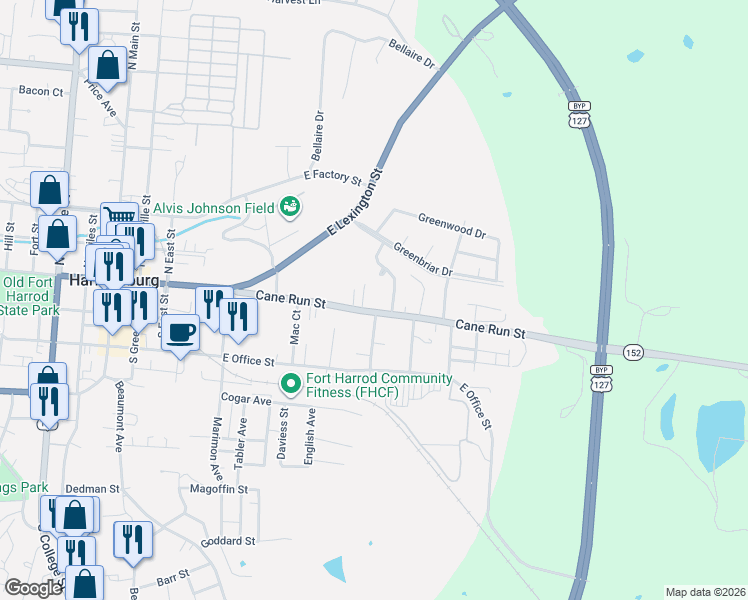 map of restaurants, bars, coffee shops, grocery stores, and more near 582 Cane Run Street in Harrodsburg