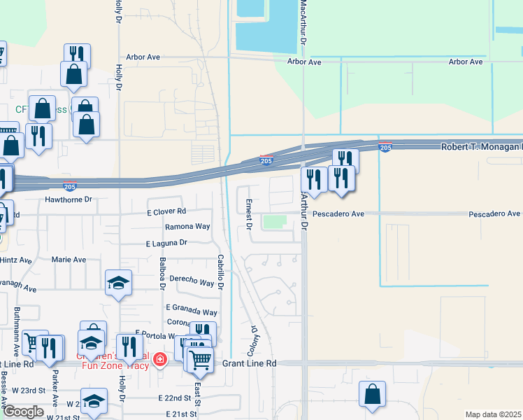 map of restaurants, bars, coffee shops, grocery stores, and more near 495 Pescadero Avenue in Tracy