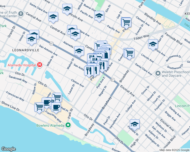 map of restaurants, bars, coffee shops, grocery stores, and more near 2309 San Jose Avenue in Alameda
