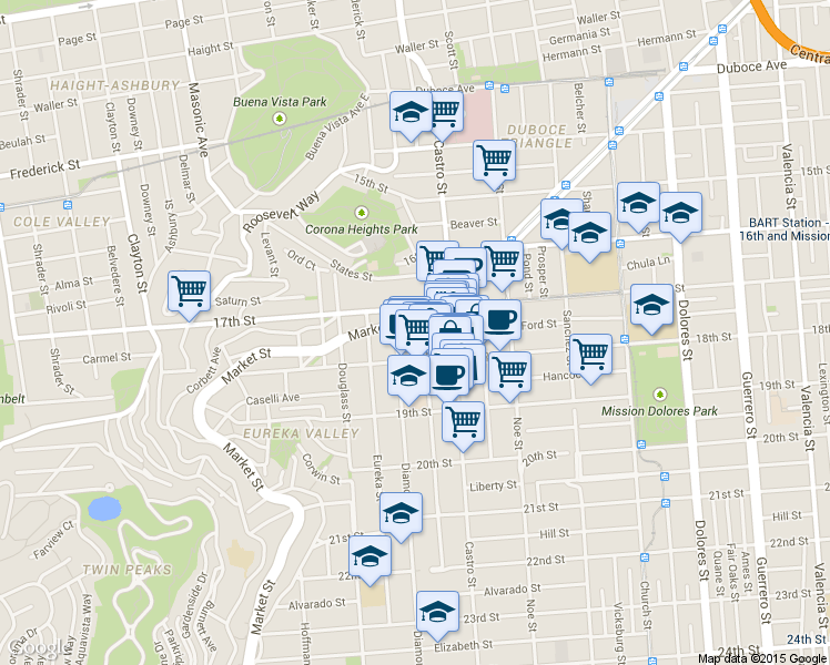 map of restaurants, bars, coffee shops, grocery stores, and more near 44 Collingwood Street in San Francisco