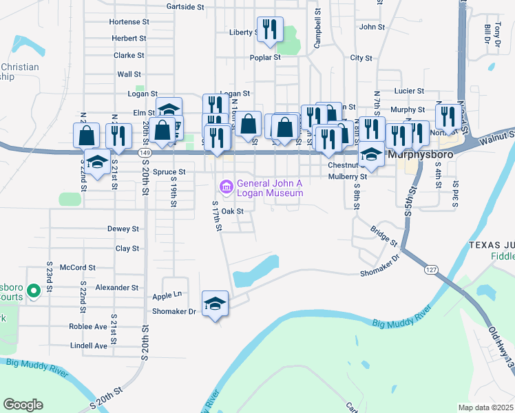 map of restaurants, bars, coffee shops, grocery stores, and more near Denny Circle Drive in Murphysboro