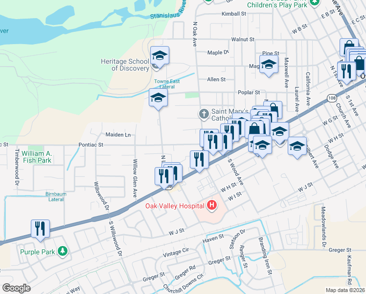 map of restaurants, bars, coffee shops, grocery stores, and more near 1421 Pontiac Street in Oakdale