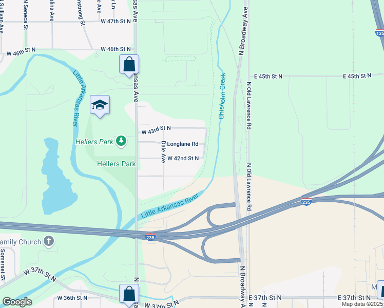 map of restaurants, bars, coffee shops, grocery stores, and more near 325 W 42nd Street North in Wichita