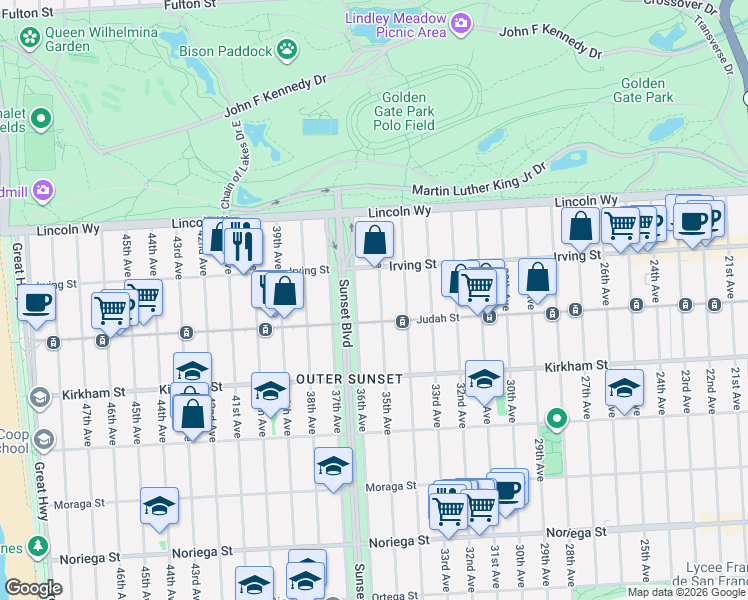 map of restaurants, bars, coffee shops, grocery stores, and more near 3010 Judah Street in San Francisco