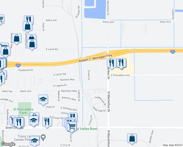 map of restaurants, bars, coffee shops, grocery stores, and more near 475 Pescadero Avenue in Tracy