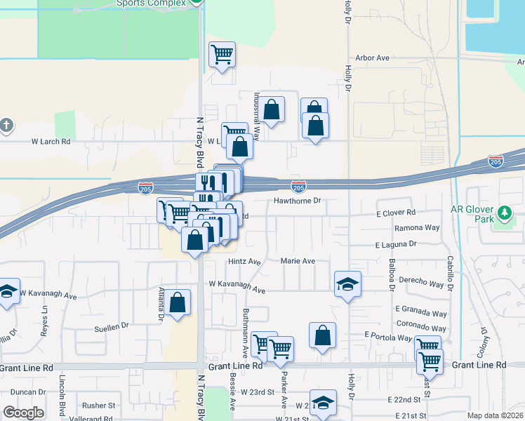 map of restaurants, bars, coffee shops, grocery stores, and more near 3302 Buthmann Avenue in Tracy