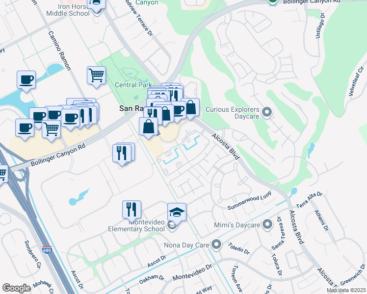 map of restaurants, bars, coffee shops, grocery stores, and more near 315 Reflections Circle in San Ramon