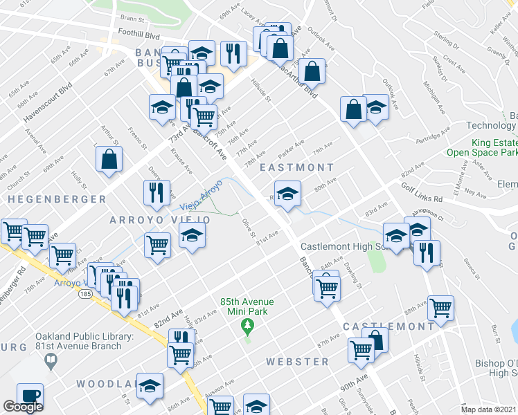 map of restaurants, bars, coffee shops, grocery stores, and more near 2056 80th Avenue in Oakland