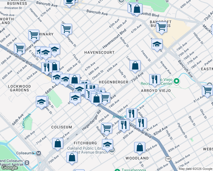 map of restaurants, bars, coffee shops, grocery stores, and more near 1605 72nd Avenue in Oakland