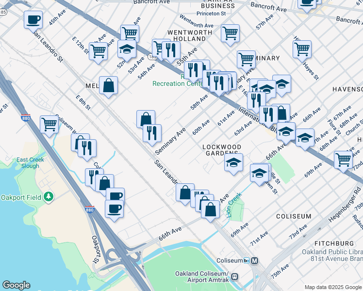map of restaurants, bars, coffee shops, grocery stores, and more near 1108 60th Avenue in Oakland