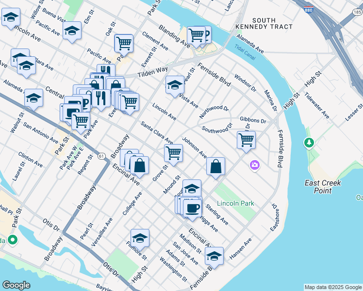 map of restaurants, bars, coffee shops, grocery stores, and more near 1417 Grove Street in Alameda