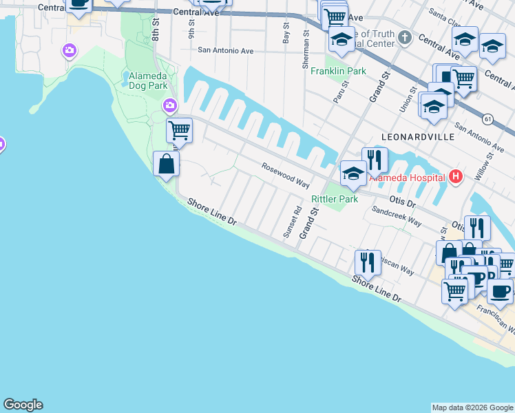 map of restaurants, bars, coffee shops, grocery stores, and more near 313 Harbor Light Road in Alameda