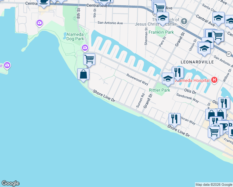 map of restaurants, bars, coffee shops, grocery stores, and more near 300 Fair Haven Road in Alameda