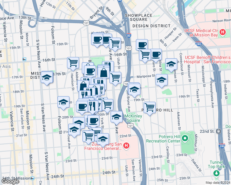 map of restaurants, bars, coffee shops, grocery stores, and more near 690 Potrero Avenue in San Francisco