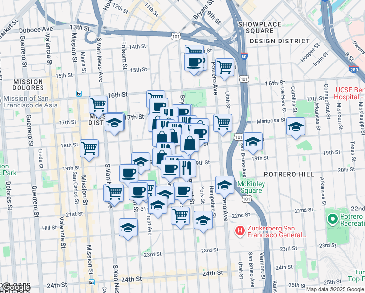 map of restaurants, bars, coffee shops, grocery stores, and more near 2070 Bryant Street in San Francisco