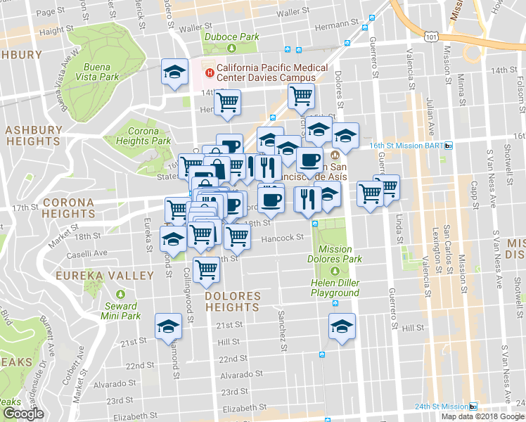 map of restaurants, bars, coffee shops, grocery stores, and more near 3935 18th Street in San Francisco
