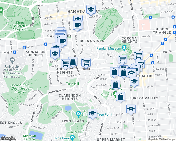 map of restaurants, bars, coffee shops, grocery stores, and more near 71 Uranus Terrace in San Francisco