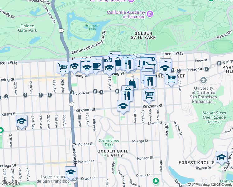 map of restaurants, bars, coffee shops, grocery stores, and more near 1451 Funston Avenue in San Francisco