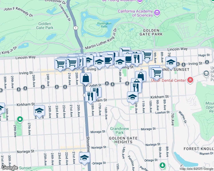 map of restaurants, bars, coffee shops, grocery stores, and more near 1442 16th Avenue in San Francisco