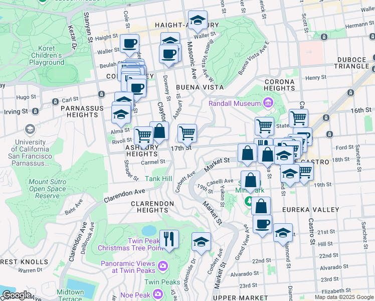 map of restaurants, bars, coffee shops, grocery stores, and more near 4499 17th Street in San Francisco