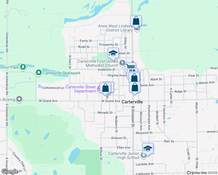 map of restaurants, bars, coffee shops, grocery stores, and more near 402 Washington Street in Carterville
