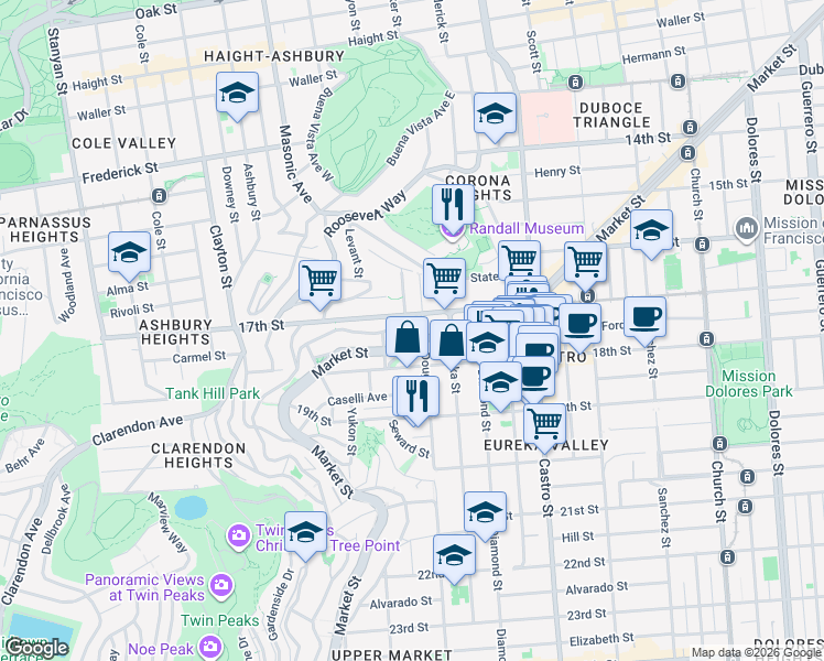 map of restaurants, bars, coffee shops, grocery stores, and more near 59 Hattie Street in San Francisco