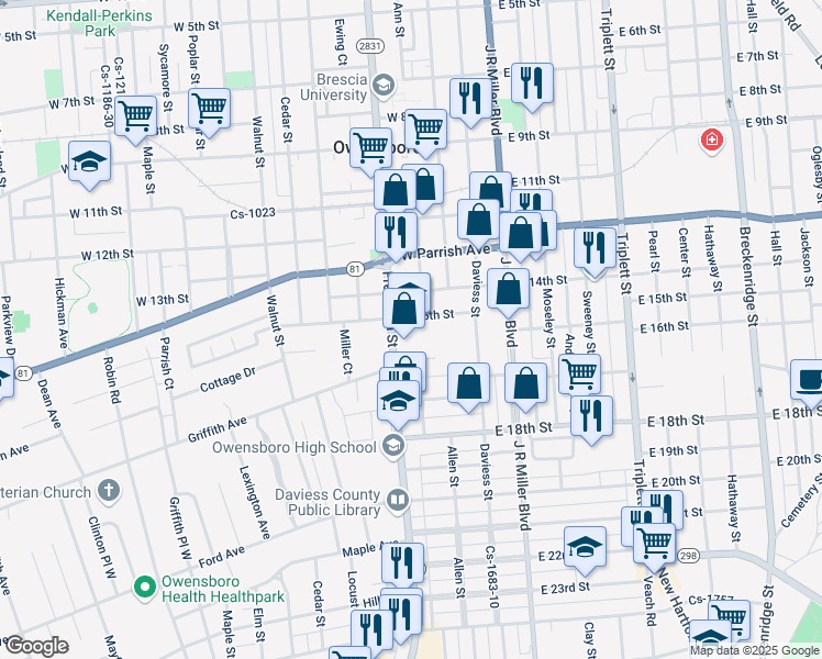 map of restaurants, bars, coffee shops, grocery stores, and more near 1501 Frederica Street in Owensboro