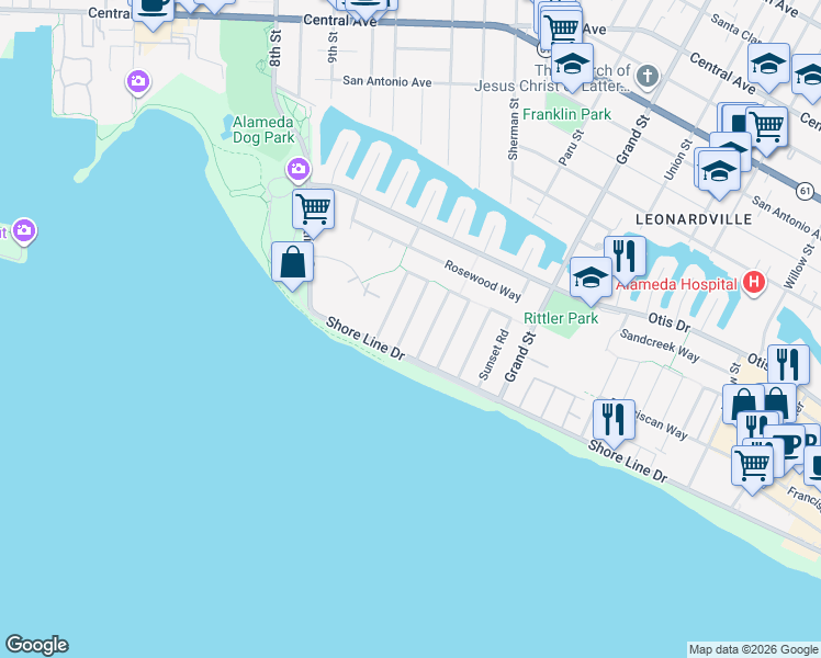 map of restaurants, bars, coffee shops, grocery stores, and more near 300 Fair Haven Road in Alameda