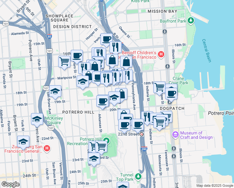 map of restaurants, bars, coffee shops, grocery stores, and more near 368 Texas Street in San Francisco