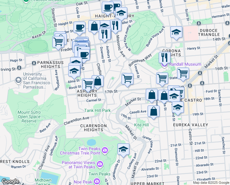 map of restaurants, bars, coffee shops, grocery stores, and more near 4499 17th Street in San Francisco