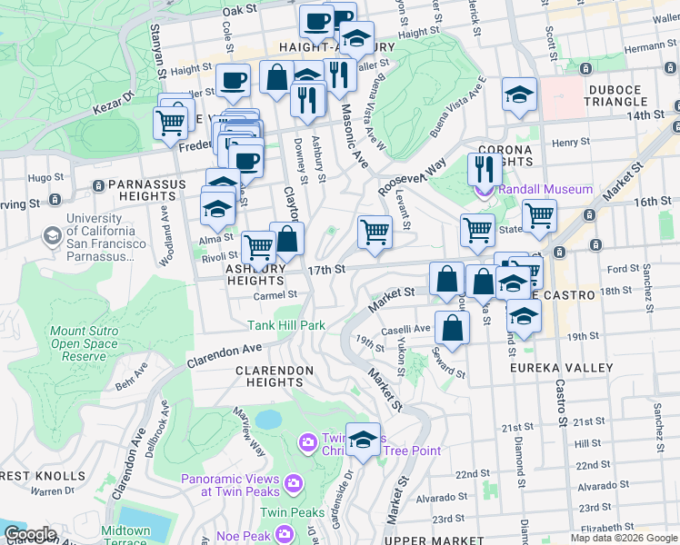 map of restaurants, bars, coffee shops, grocery stores, and more near 4489 17th Street in San Francisco