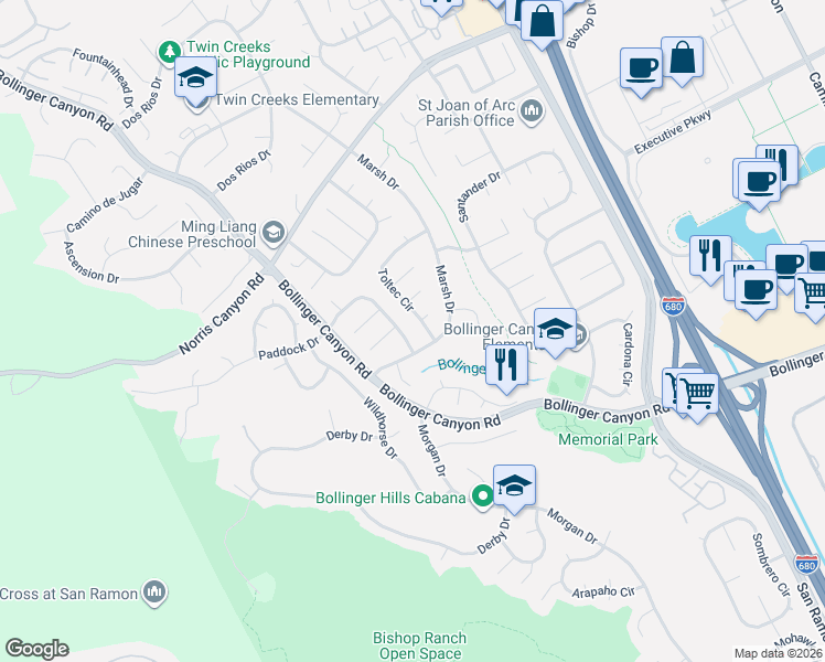 map of restaurants, bars, coffee shops, grocery stores, and more near 2519 Malaga Court in San Ramon