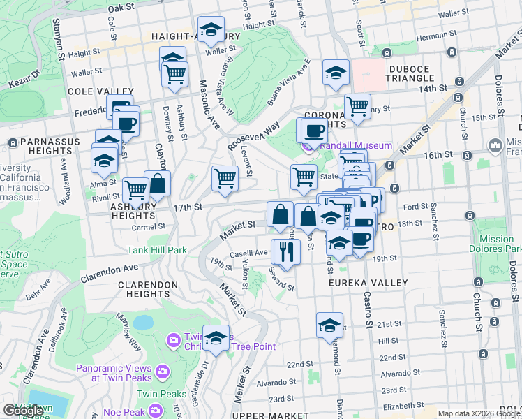 map of restaurants, bars, coffee shops, grocery stores, and more near 132 Corbett Avenue in San Francisco