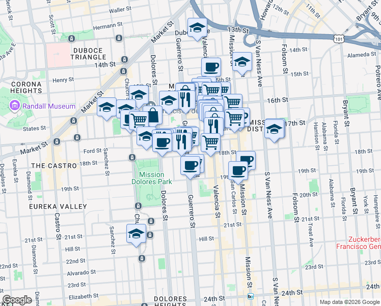 map of restaurants, bars, coffee shops, grocery stores, and more near 10 Dorland Street in San Francisco