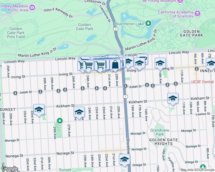 map of restaurants, bars, coffee shops, grocery stores, and more near 1351 21st Avenue in San Francisco