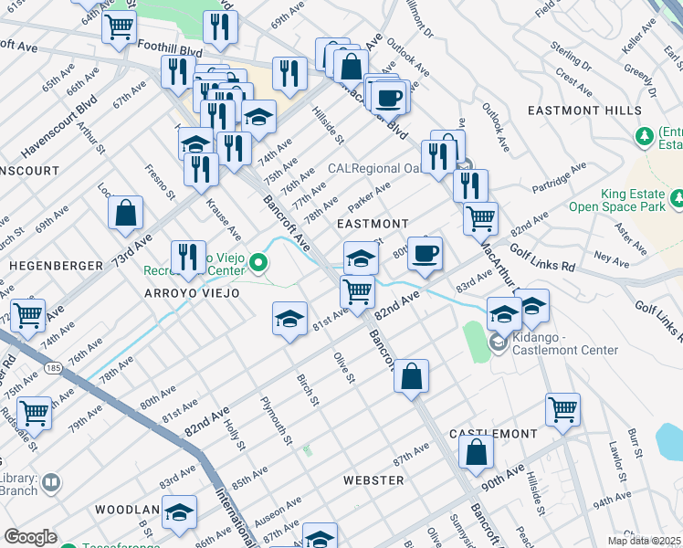 map of restaurants, bars, coffee shops, grocery stores, and more near 2522 79th Avenue in Oakland