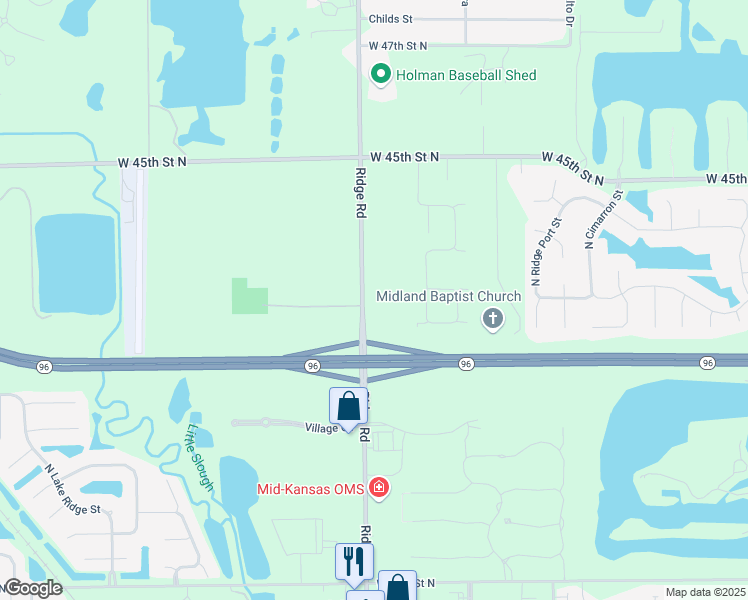 map of restaurants, bars, coffee shops, grocery stores, and more near 4330 North Ridge Road in Wichita
