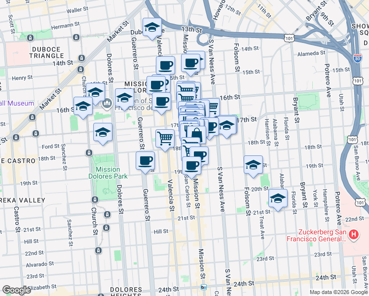 map of restaurants, bars, coffee shops, grocery stores, and more near 18th Street & San Carlos Street in San Francisco