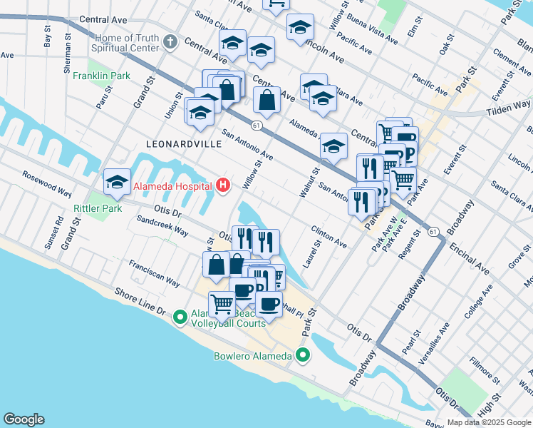 map of restaurants, bars, coffee shops, grocery stores, and more near 2133a Clinton Avenue in Alameda