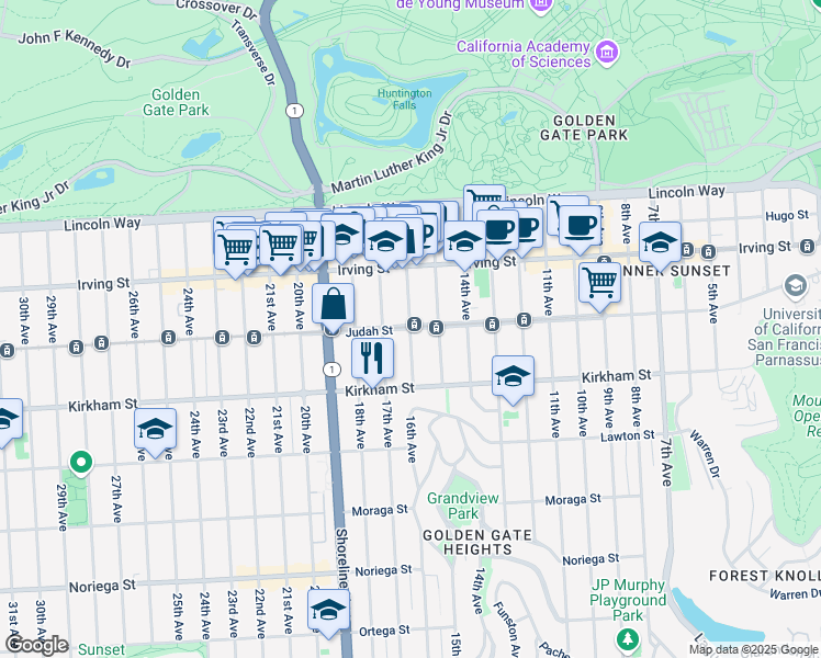 map of restaurants, bars, coffee shops, grocery stores, and more near Judah St & 16th Ave in San Francisco