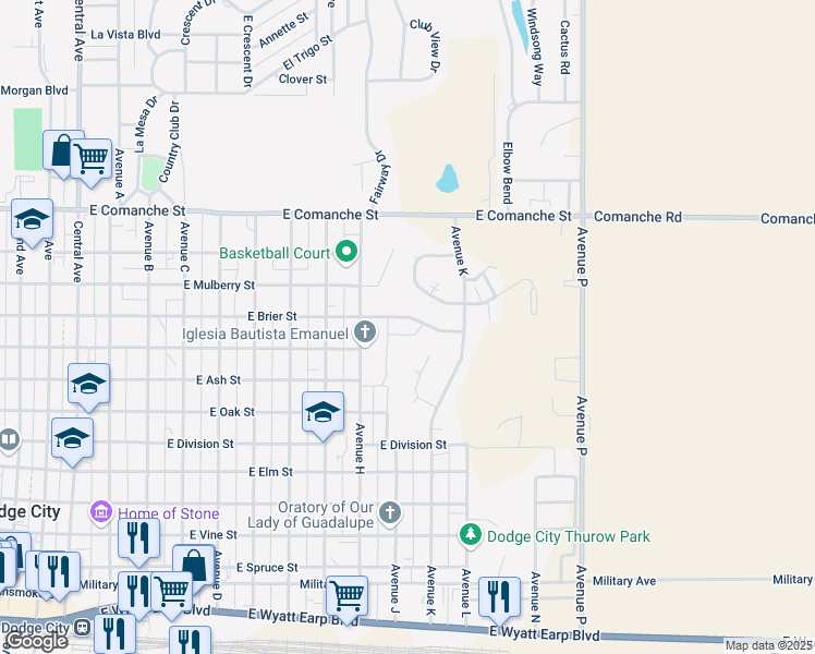 map of restaurants, bars, coffee shops, grocery stores, and more near 1507 Mulberry Circle in Dodge City