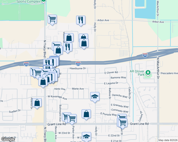 map of restaurants, bars, coffee shops, grocery stores, and more near 15 Hawthorne Drive in Tracy