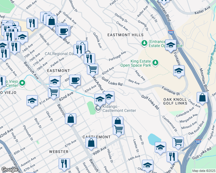 map of restaurants, bars, coffee shops, grocery stores, and more near 8300 Golf Links Road in Oakland
