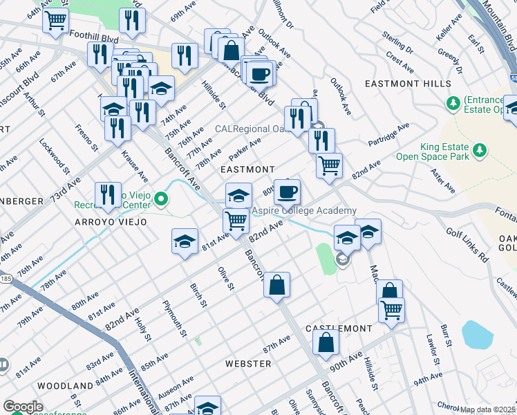 map of restaurants, bars, coffee shops, grocery stores, and more near 2342 80th Avenue in Oakland